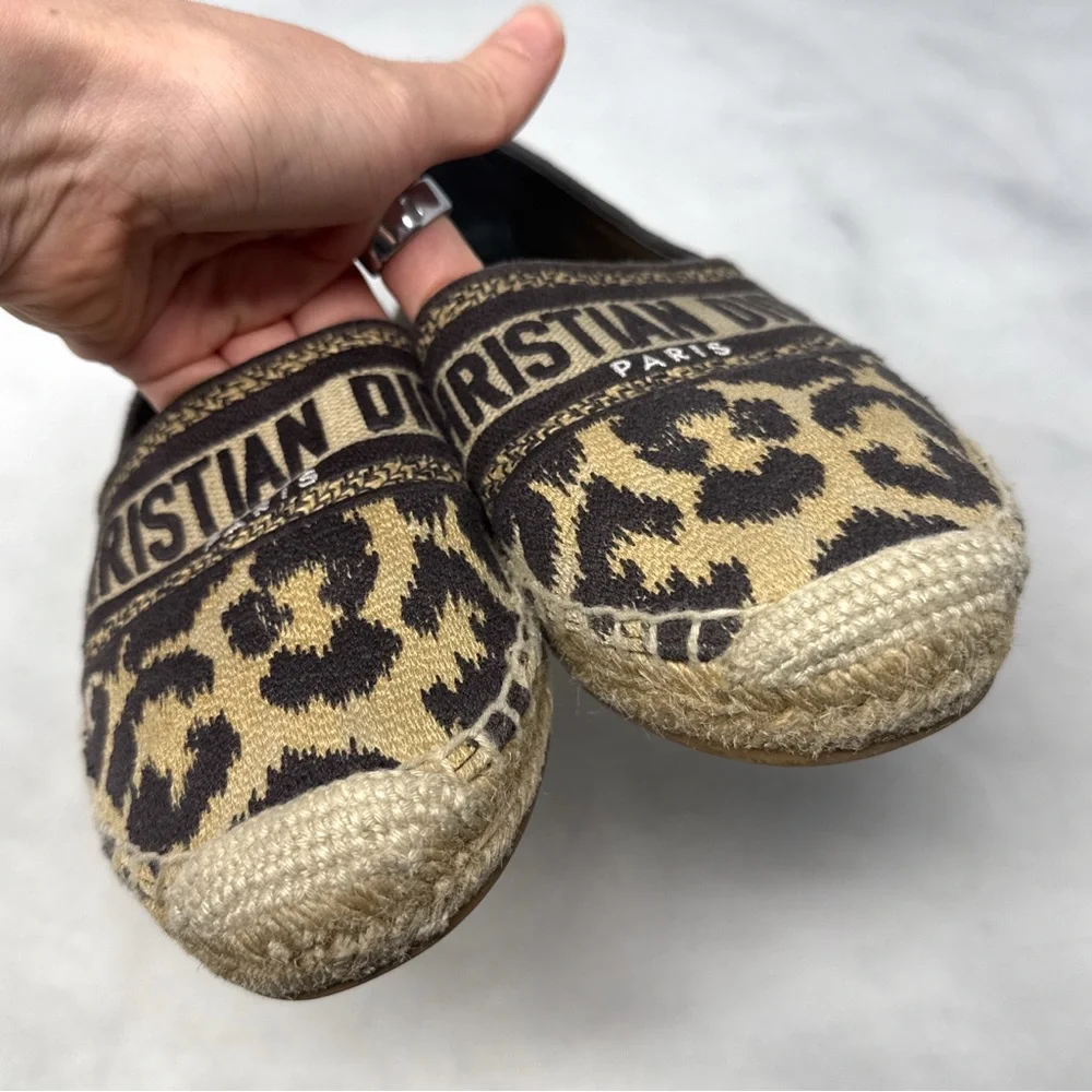 Christian Dior Granville Leopard Jacquard Logo Flat Espadrille Sandal Shoes 37.5
